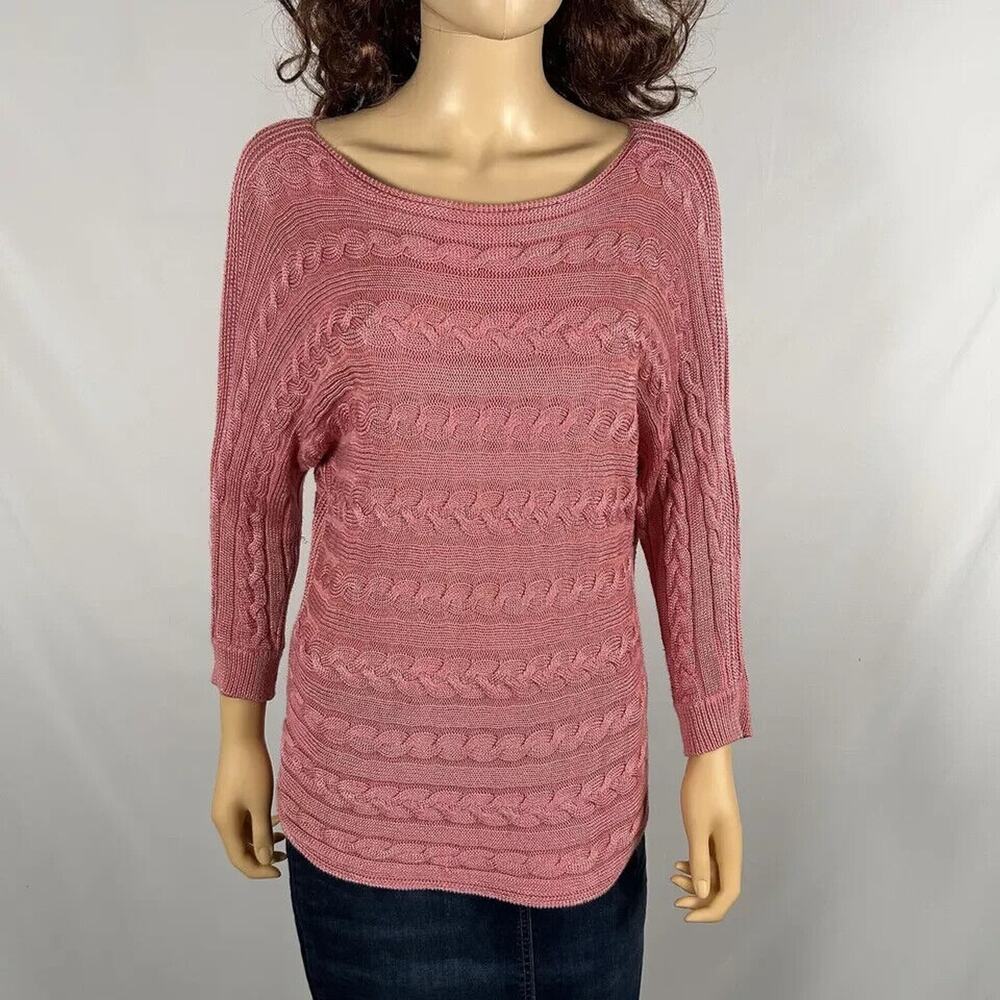 Ralph Lauren Pink Cable Knit Sweater 3/4 Sleeve Top Blouse Large Business Casual